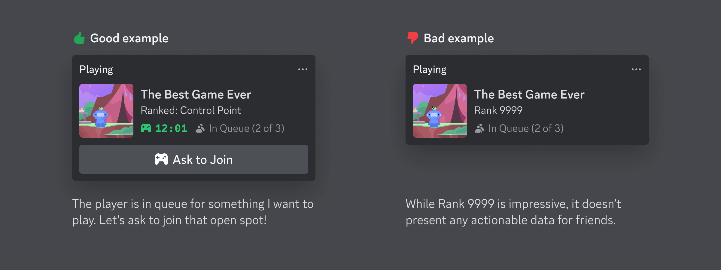 Examples of good rich presence strings that show a game mode of 'Ranked: Control Point' and that the user is 'In Queue (2 of 3)' compared to a bad string that reads 'Rank 9999'