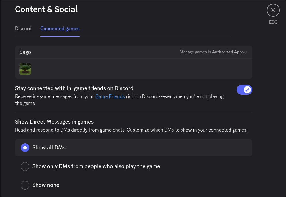 Discord content and social - Connected game settings